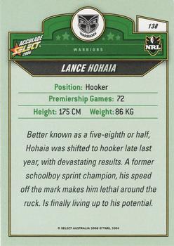 2006 Select Accolade #138 Lance Hohaia Back